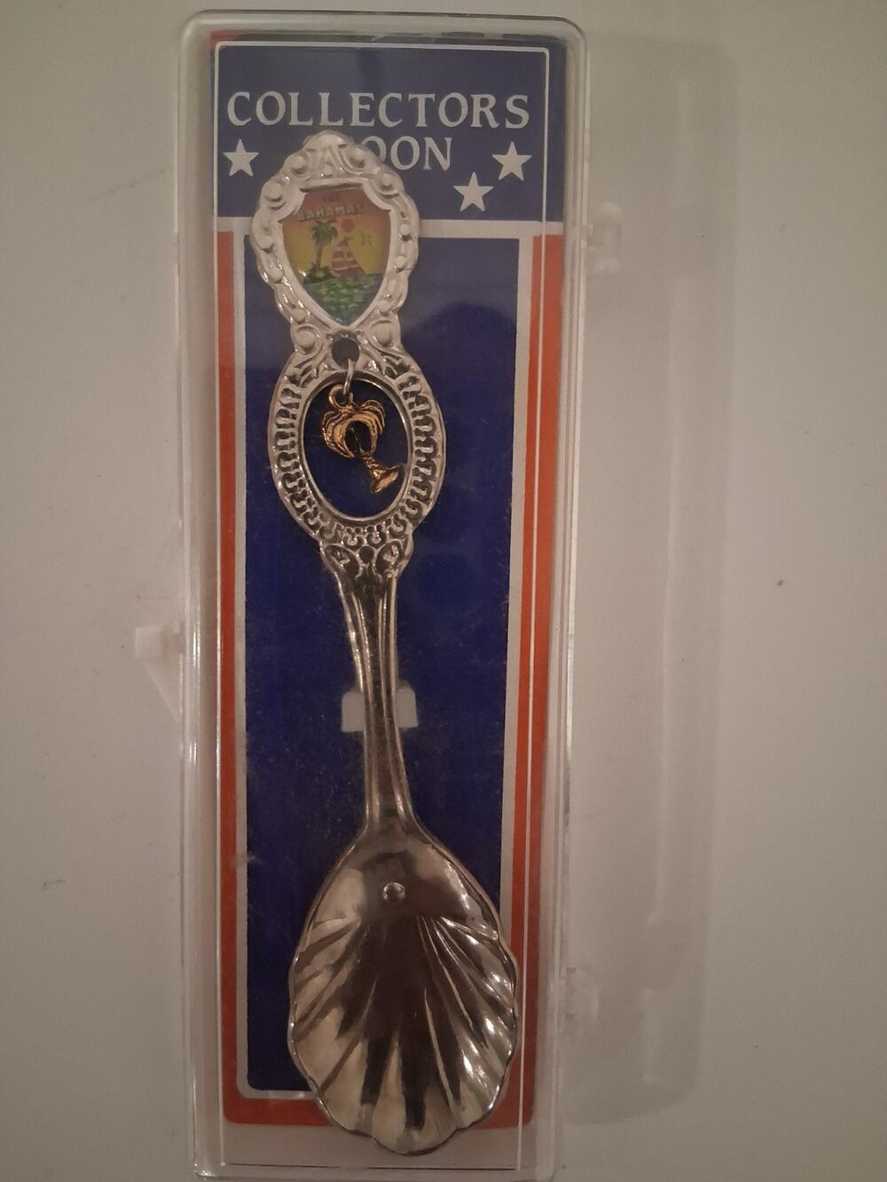 Vintage The Bahamas Souvenir Spoon Dangle Palm Tree Charm Scallop Shell Bowl NIB